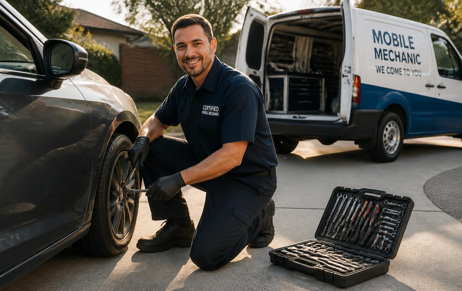 Certified mobile mechanic repairing a car in a driveway next to a service van